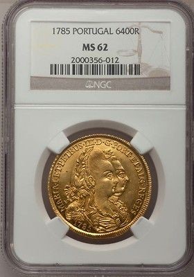 Portugal 1785 Maria I Pedro III Gold 6400 Reis NGC MS62   SUPERB 