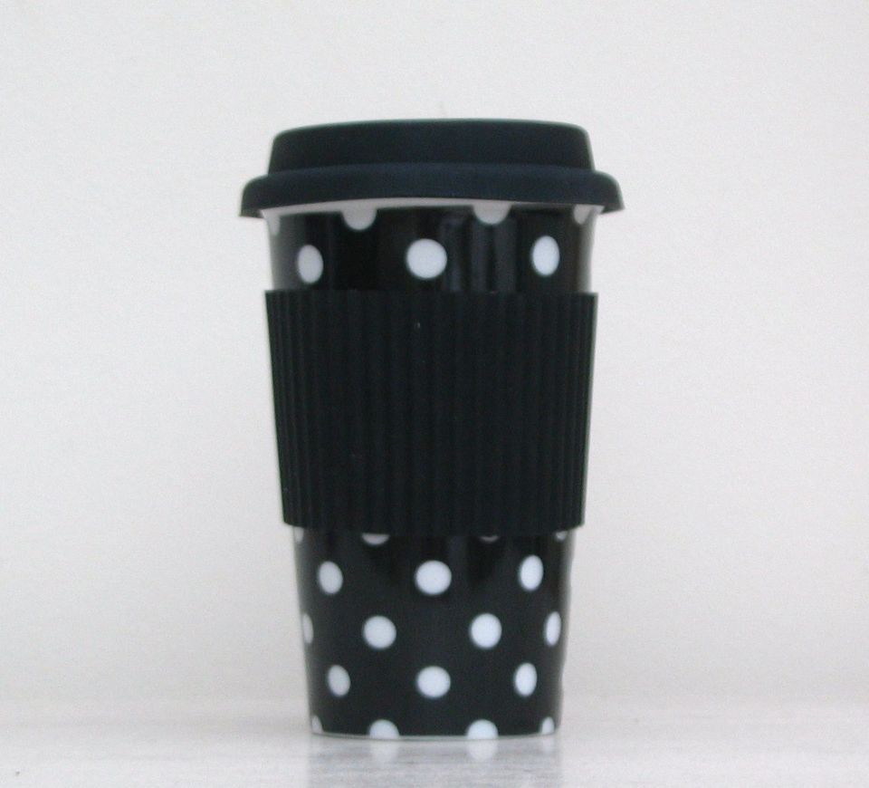 POLKA DOT SPOTTY CERAMIC TRAVEL MUG WITH SILICONE HOLDER & LID 350ML 