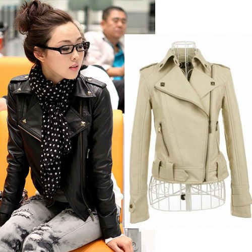   Rivets Casual Jacket Lapel Zipper Punk Leather Short Coat CA1071