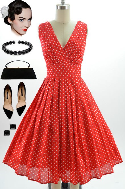 50s Style Red & White POLKA DOT Bombshell PINUP Surplice Sun Dress w 