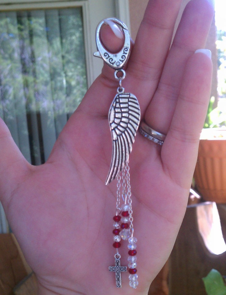 Purse Charm Key Chain Angel Wing Cross red silver white swarovski 