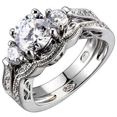   Silver Round Cubic Zirconia 3 Stone Vintage Style Wedding Ring Set