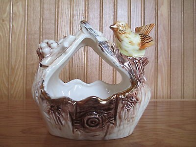 Ucagco ceramics japan cream colored basket with bird and grape vine 