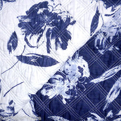 TAHARI BLUE & WHITE REVERSIBLE FULL QUEEN QUILT SET MODERN BRUSHSTROKE 