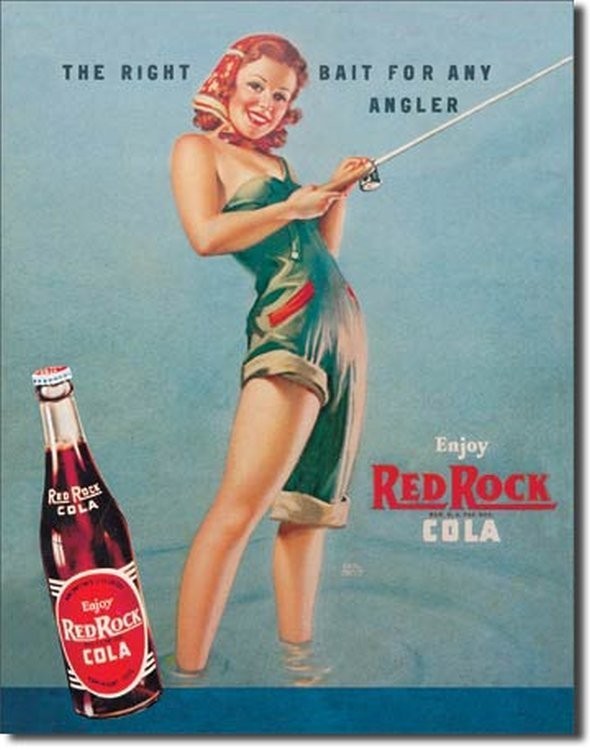 Red Rock Cola Girl Fishing Ad Tin Sign Bait For Any Angler