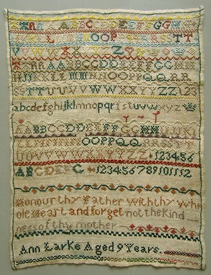 EARLY 18TH CENTURY ANTIQUE ENGLISH SILK ON LINEN SAMPLER ANN LARKE 