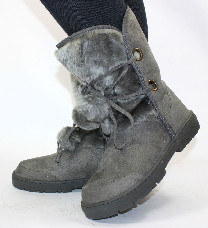 NEW LADIES WOMENS GREY FUR WARM WINTER SNOW CALF HUGGY BOOTS SIZE 3 