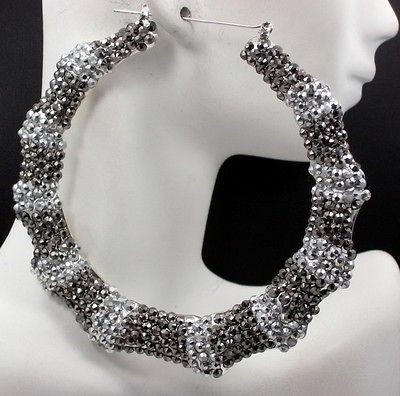   Wives Inspired Silver Tone Bamboo Rhinestone Hoop Earrings New