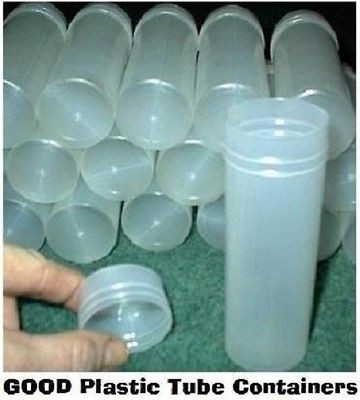 10 PLASTIC TUBES MULTI USES ONE SIZE ALL WITH LIDS  4 3/4  BY 1 3 