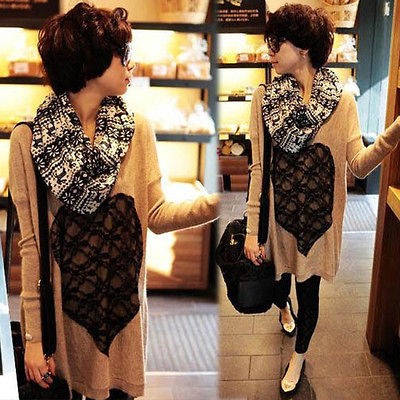 Korea Women Batwing Hip length Lace Heart Loose Knit Tops Knitwear 