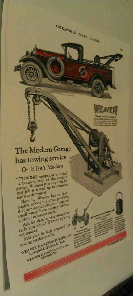 1926 Weaver Auto Crane On Studebaker Tow Truck Springfield IL. Ad 