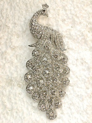 STUNNING CLEAR RHINESTONE CRYSTAL HUGE 5 PEACOCK PIN BROOCH Q220