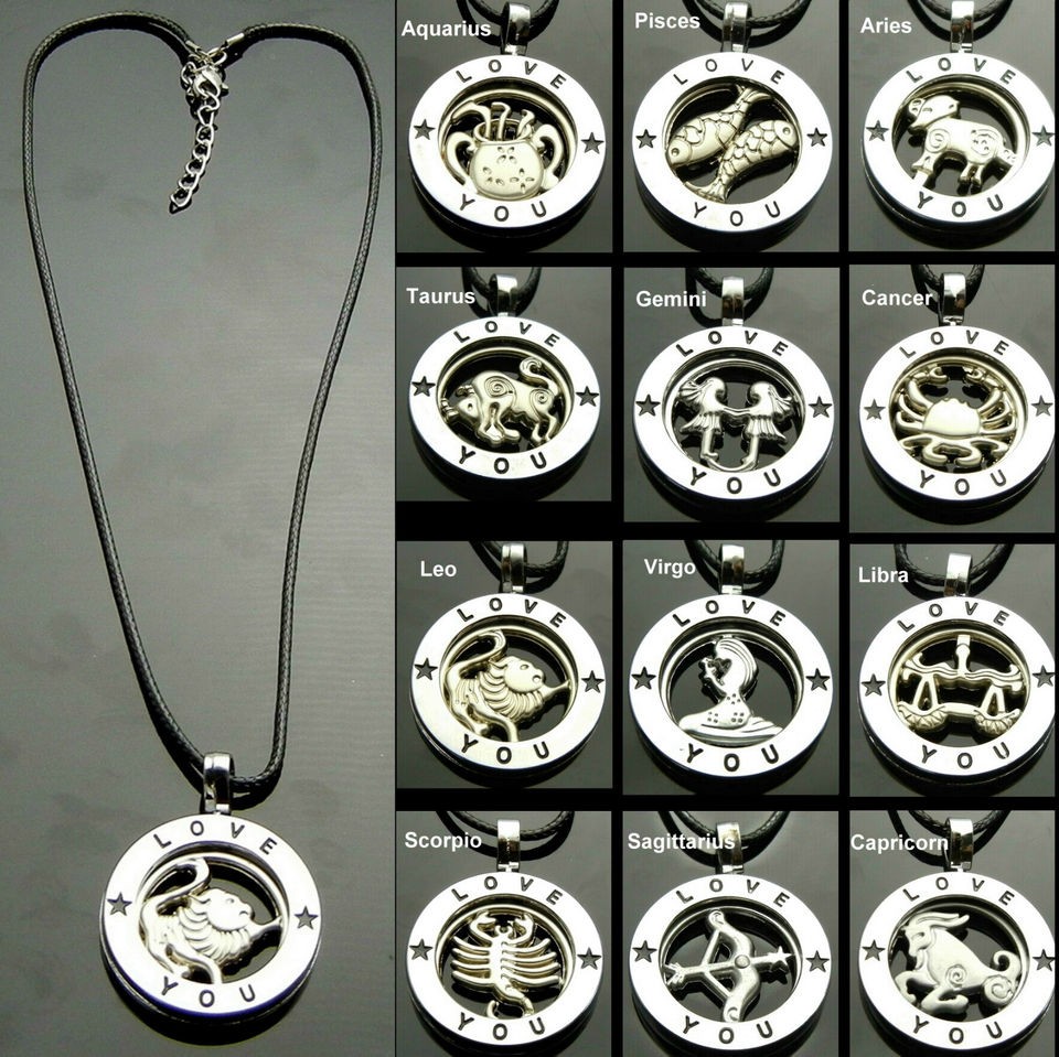 TF853   12 Signs of Zodiac Silvertone Alloy Pendant String Necklace