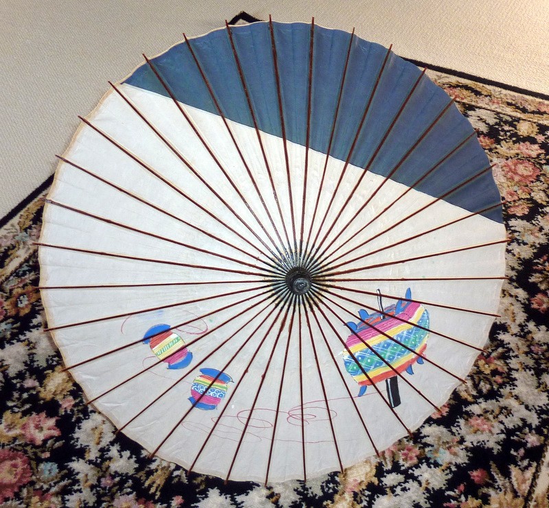 Vintage 1940s Japan Bamboo and Paper Umbrella with painted Lanterns