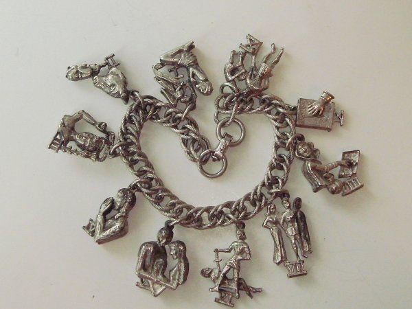 Vintage CORO Pewter Tone CHARM BRACELET Ten Commandments Charms