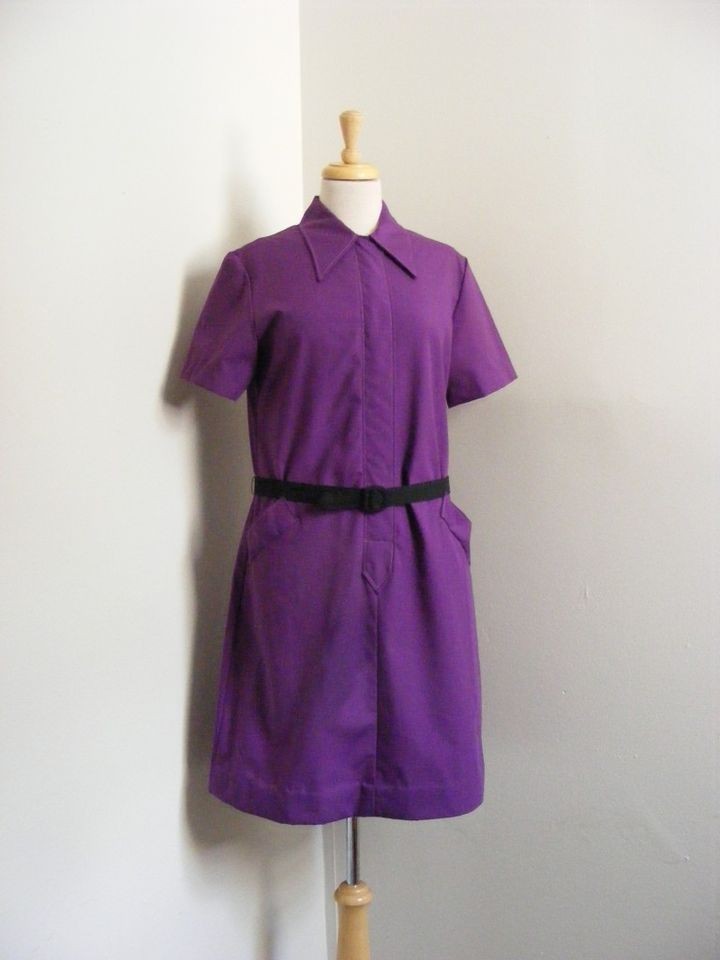 New Vtg Late 60s PURPLE Cotton SCOOTER Dress Belted Shift Large
