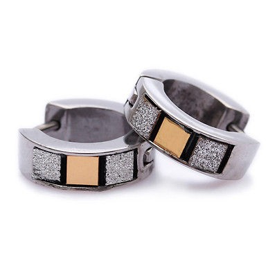 Golden & Silver Scrub Stainless Steel Stud Hoop Mens Earrings E142