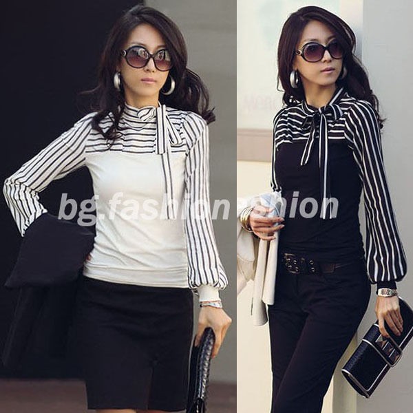 Fashion Womens Polo Neck Puff Long Sleeve Stripe T Shirt Tops Blouses 