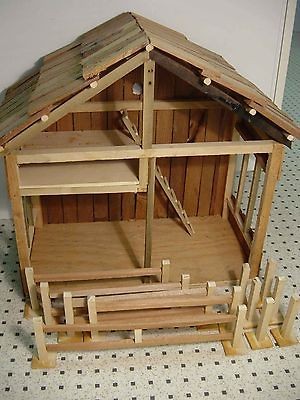 LARGE WOOD CRECHE NATIVITY MANGER HORSE BARN STABLE FENCE HANDMADE 