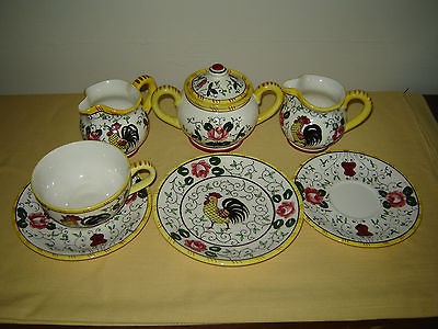 PY Early Provincial Rooster & Rose Sugar, Creamer, Cup/Saucer Plate 