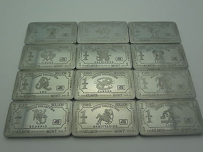 Lot of 12 X 1 Troy Oz Zinc Zodiac/Sign Bullion Bars .999 fine/pure 