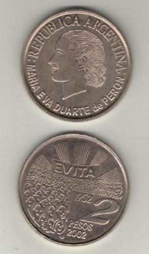 ARGENTINA COMMEMORATIVE COIN 2 PESOS KM 135 UNC 2002   Evita