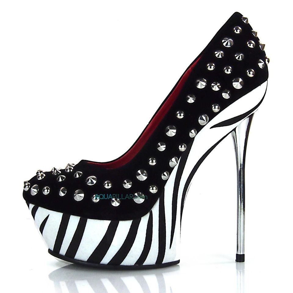 Azami Black Zebra Print Dress Pump w/ Platform Metal Stud Detail 