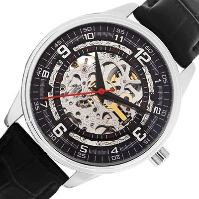 Akribos XXIV Mens Saturnos Automatic Skeleton Dial Leather Watch 