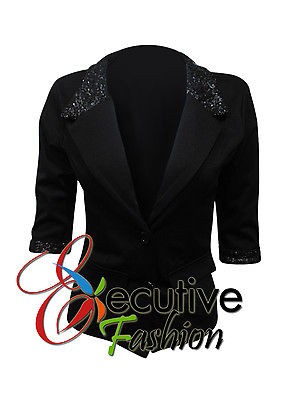 NEW WOMEN GIRLS SEQUIN TAILORED CROPPED BOYFRINED BLAZER LADIES FIT 