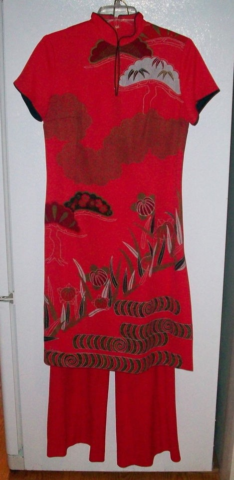 ALFRED SHAHEEN Vtg 60s 70s 2pc Pants Dress Cheongsam Tunic Asian 