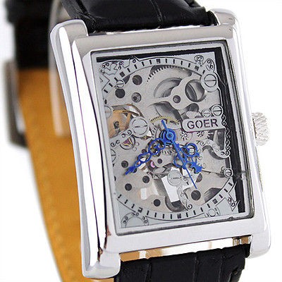 Luxury Mechanical Hand Winding Skeleton Black Leather Mens Watch NEW 