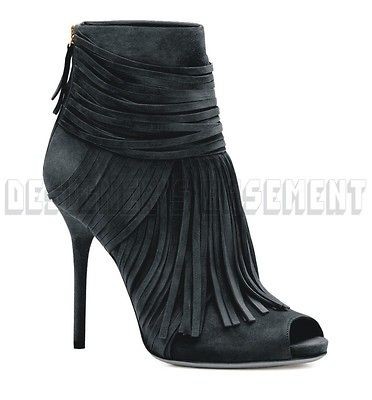 GUCCI black SUEDE fringe AKERMAN back Zip Peep Toe ANKLE boots NIB 