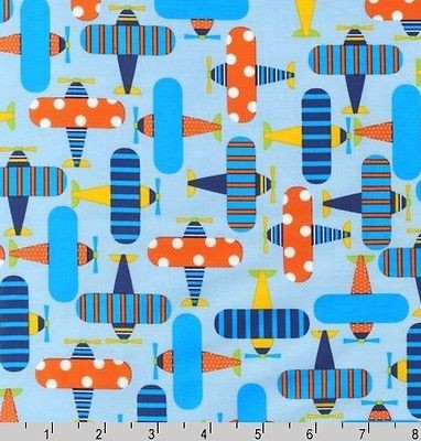 BY YARD  Airplanes on Blue Orange Boy Robert Kaufman Fabric AAK 11272 