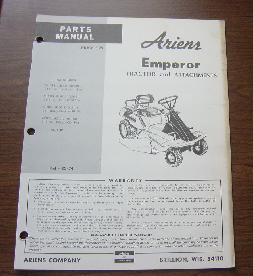 Ariens Emperor Riding Mower 925006 925009 925011 925012 Parts Manual On