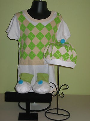 Golfer Toddler Golf Pro Caddie Set Argyle Onesie Cap Booties NWT 12 