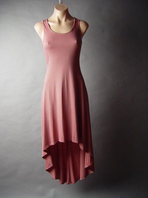 Salmon Pink Classic Stripe Asymmetric High Low Long Tail Hem Racer 