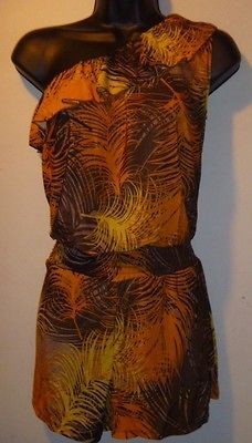 NWT Orange & Brown 1 Shoulder Ruffle 1 Pc Stretch ROMPER Short Shorts 