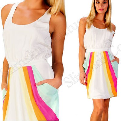 ARYN.K Ivory Rainbow Color Block Tank Racer Draped Pocket Sheath Dress 