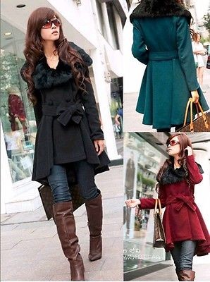   Fashion Women Lady Fur Collar Double breaste​d Asymmetric Long Coat