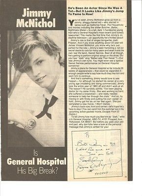 Jimmy McNichol, Full Page Vintage Clipping, Is General Hospital His 