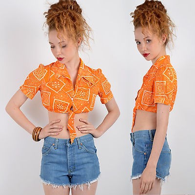 Vtg 70s BANDANA PRINT Hippie CROP TOP Boho HALF SHIRT Tie Waist BLOUSE 