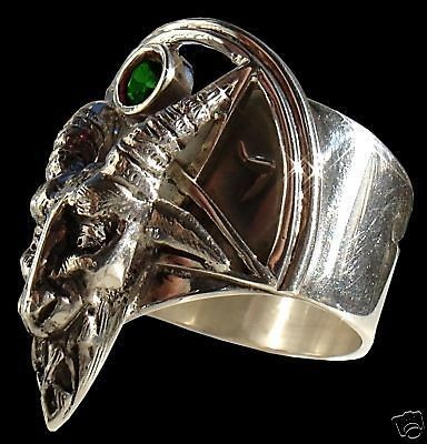 925 STERLING SILVER SABBATIC GOAT BAPHOMET RING EMERALD