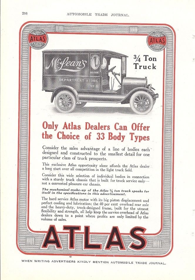1918 Atlas 3/4 Ton McLean Dept Store Delivery Truck Ad