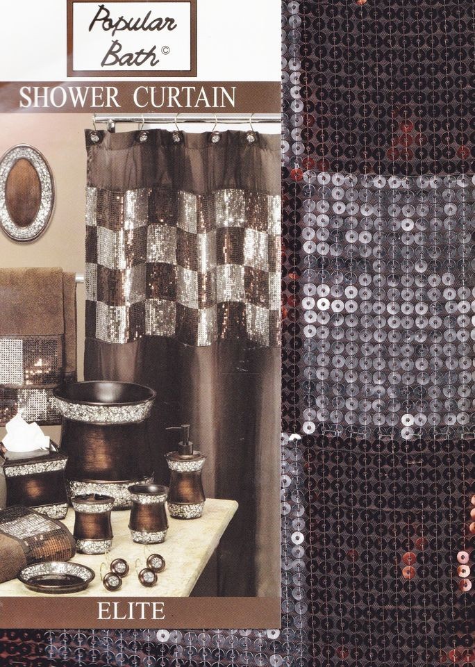 Hooks + Fabric Shower Curtain Brown Silver Sequin Retro Sparkling 