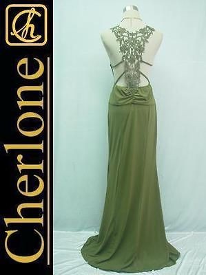 Cherlone Green Grecian Backless Lace Long Evening Prom Ball Gown Dress 