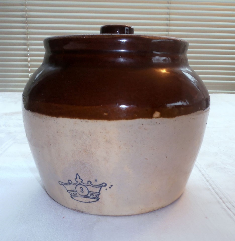   Pottery Primitive American Stoneware Pottery Crock Bean Pot Blue Crown