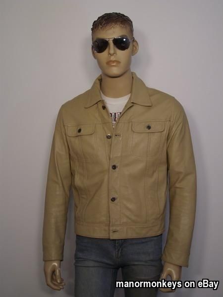 Vintage ZARA Cream LEATHER Denim Trucker style BOMBER JACKET UK42