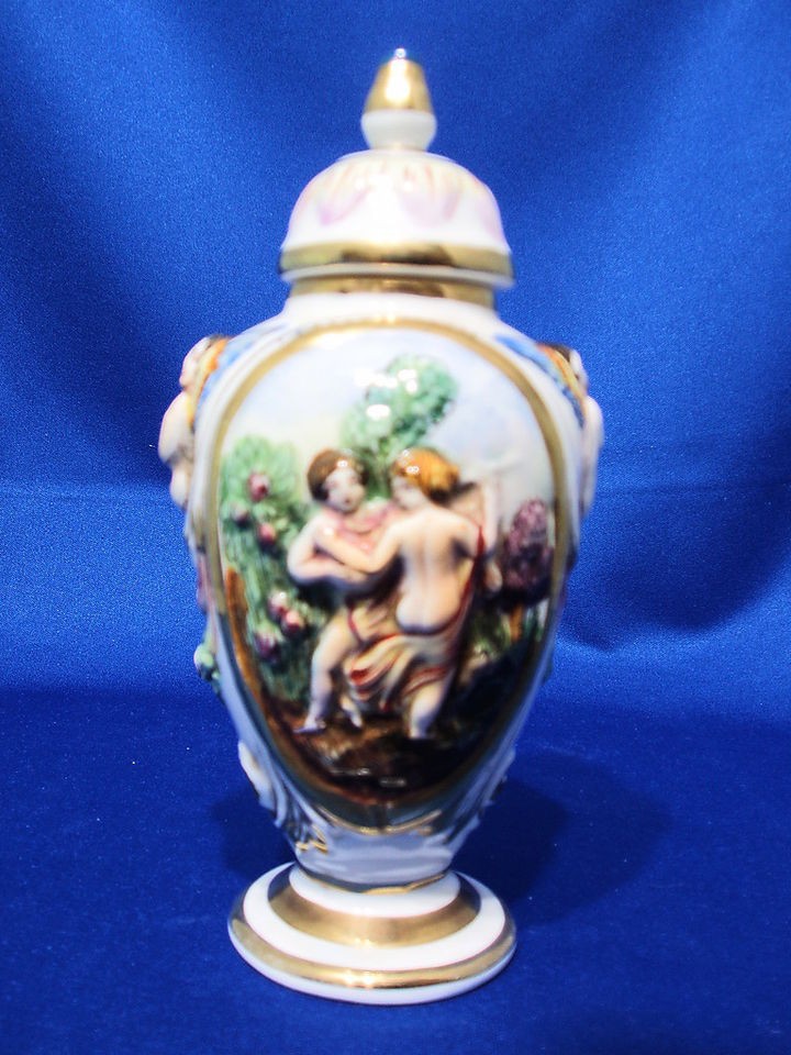 Small Vintage Capodimonte Urn Vase with Lid Cherub Designs #3472