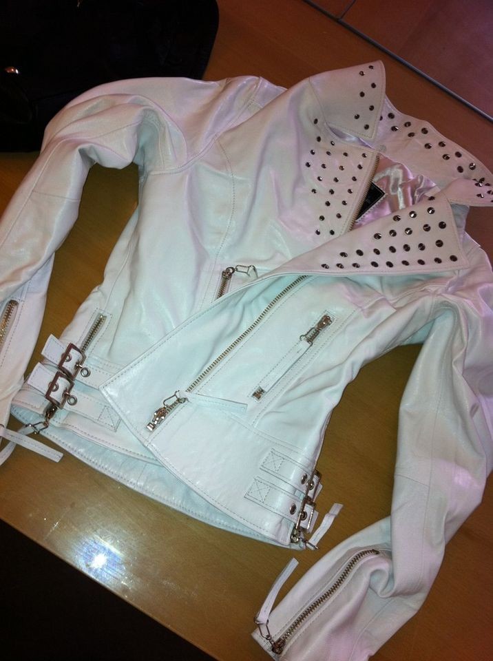 Vintage REAL Leather Studded Biker Rock Jacket WHITE