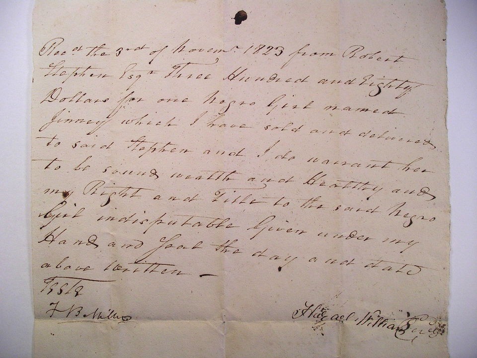 1823 Ms BILL OF SALE FOR SLAVE Jinney Hazard Williams to Robert 